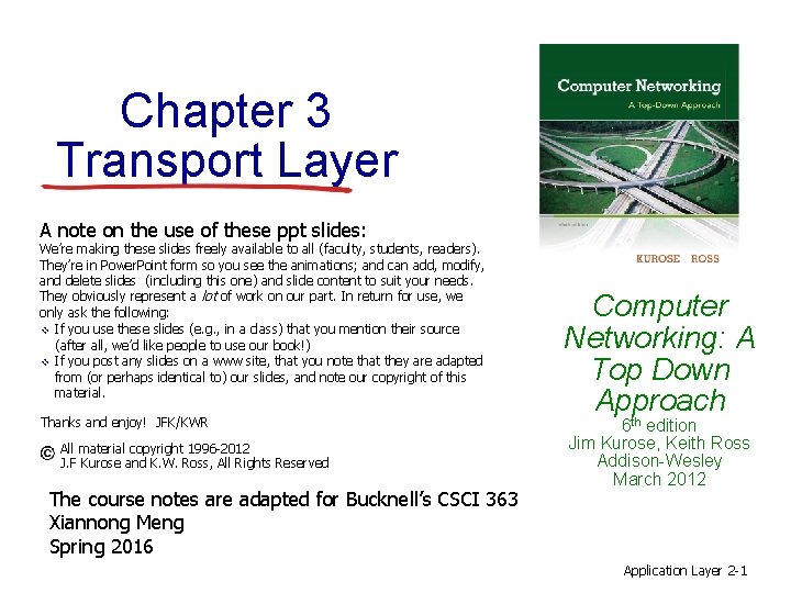 Chapter 3 Transport Layer A note on the use of these ppt slides: We’re