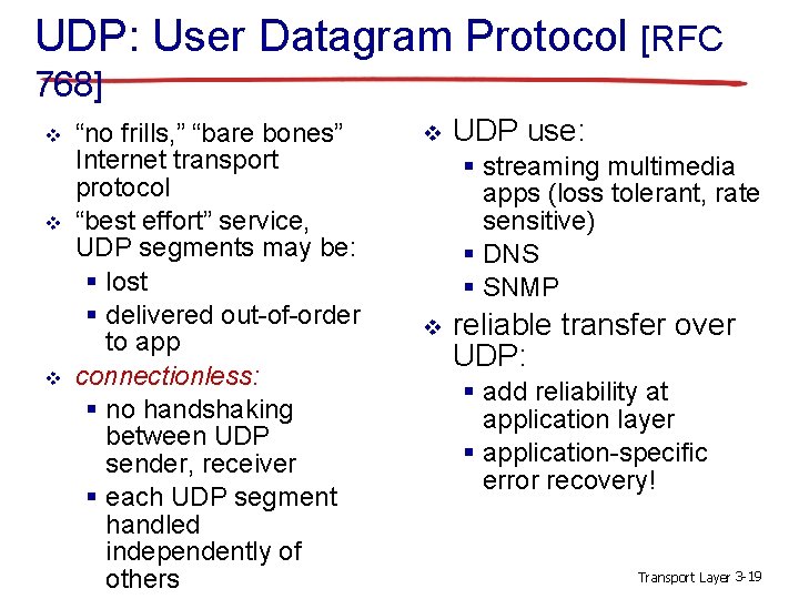 UDP: User Datagram Protocol [RFC 768] v v v “no frills, ” “bare bones”