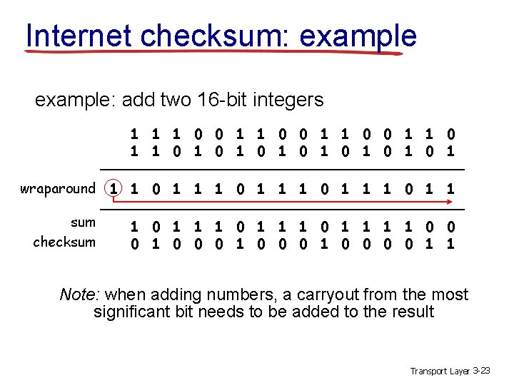 Internet checksum: example: add two 16 -bit integers 1 1 0 0 1 1