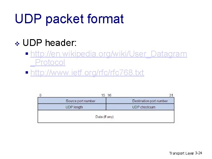 UDP packet format v UDP header: § http: //en. wikipedia. org/wiki/User_Datagram _Protocol § http: