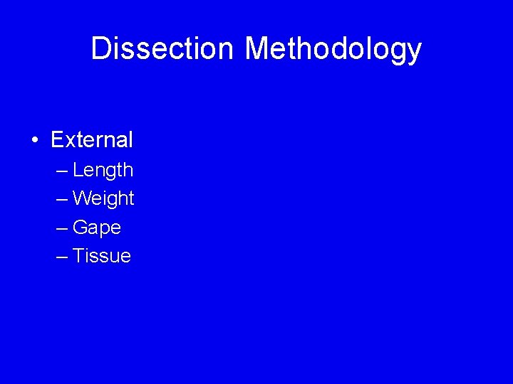 Dissection Methodology • External – Length – Weight – Gape – Tissue 