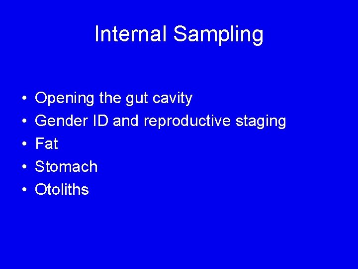 Internal Sampling • • • Opening the gut cavity Gender ID and reproductive staging