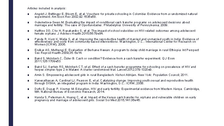 Articles included in analysis: ■ Angrist J, Bettinger E, Bloom E, et al. Vouchers