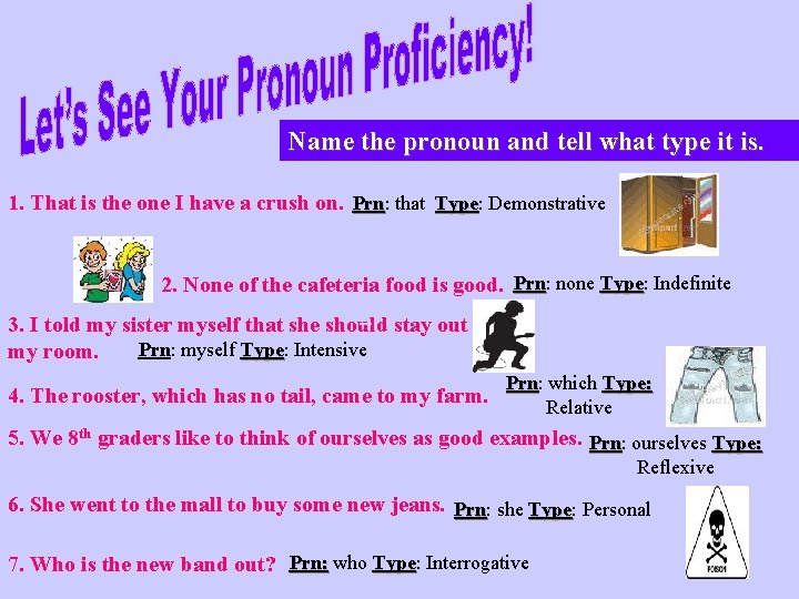 Name the pronoun and tell what type it is. 1. That is the one