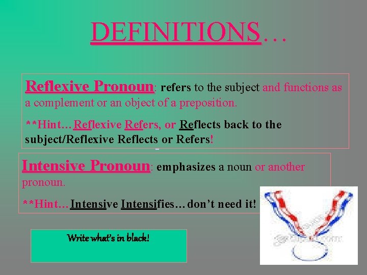 DEFINITIONS… Reflexive Pronoun: refers to the subject and functions as a complement or an