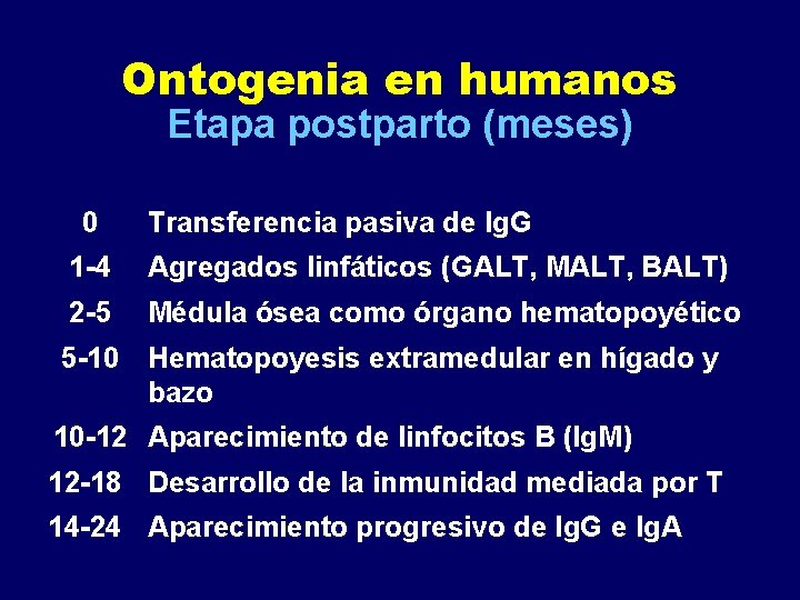 Ontogenia en humanos Etapa postparto (meses) 0 Transferencia pasiva de Ig. G 1 -4 Ontogenia en humanos Etapa postparto (meses) 0 Transferencia pasiva de Ig. G 1 -4