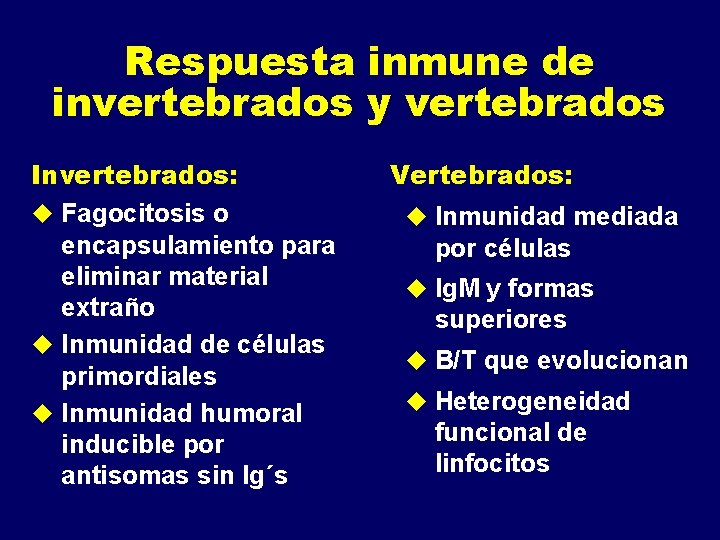 Respuesta inmune de invertebrados y vertebrados Invertebrados: u Fagocitosis o encapsulamiento para eliminar material Respuesta inmune de invertebrados y vertebrados Invertebrados: u Fagocitosis o encapsulamiento para eliminar material