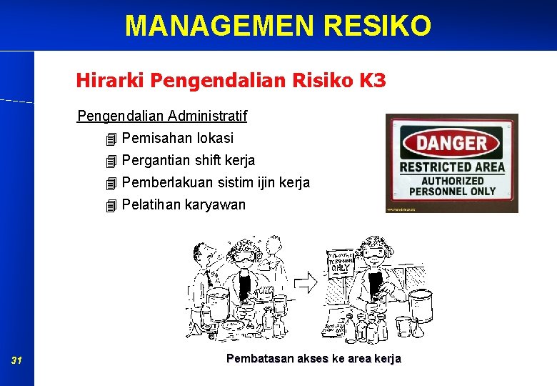 MANAGEMEN RESIKO Hirarki Pengendalian Risiko K 3 Pengendalian Administratif Pemisahan lokasi Pergantian shift kerja