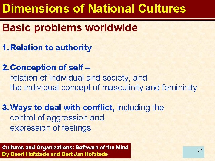 Dimensions of National Cultures Basic problems worldwide 1. Relation to authority 2. Conception of