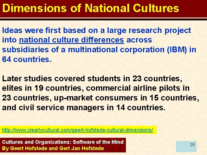 Dimensions of National Cultures Ideas were first based on a large research project into