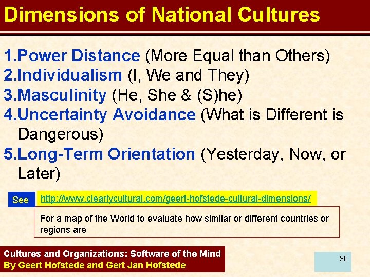 Dimensions of National Cultures 1. Power Distance (More Equal than Others) 2. Individualism (I,