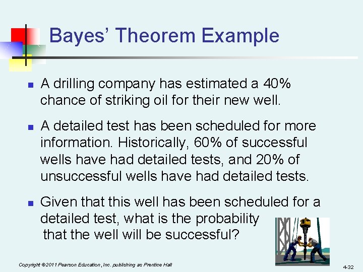 Bayes’ Theorem Example n n n A drilling company has estimated a 40% chance