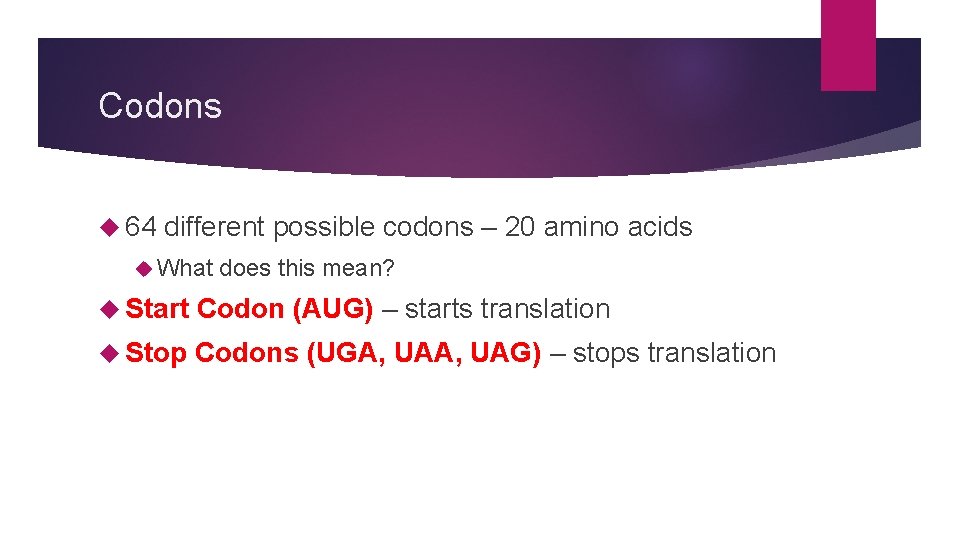 Codons 64 different possible codons – 20 amino acids What does this mean? Start