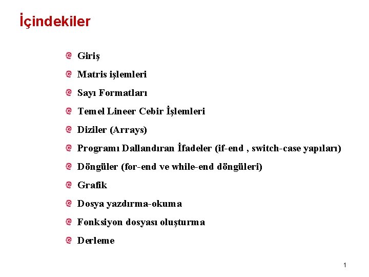 İçindekiler Giriş Matris işlemleri Sayı Formatları Temel Lineer Cebir İşlemleri Diziler (Arrays) Programı Dallandıran