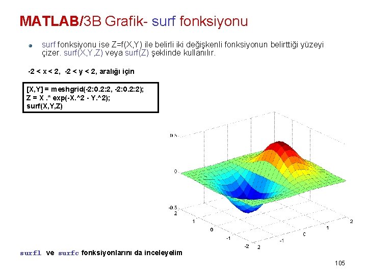 MATLAB/3 B Grafik- surf fonksiyonu ise Z=f(X, Y) ile belirli iki değişkenli fonksiyonun belirttiği