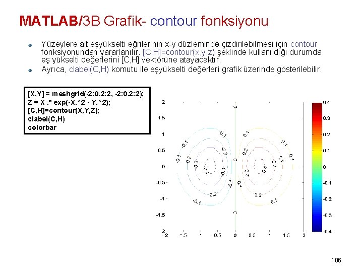 MATLAB/3 B Grafik- contour fonksiyonu Yüzeylere ait eşyükselti eğrilerinin x-y düzleminde çizdirilebilmesi için contour