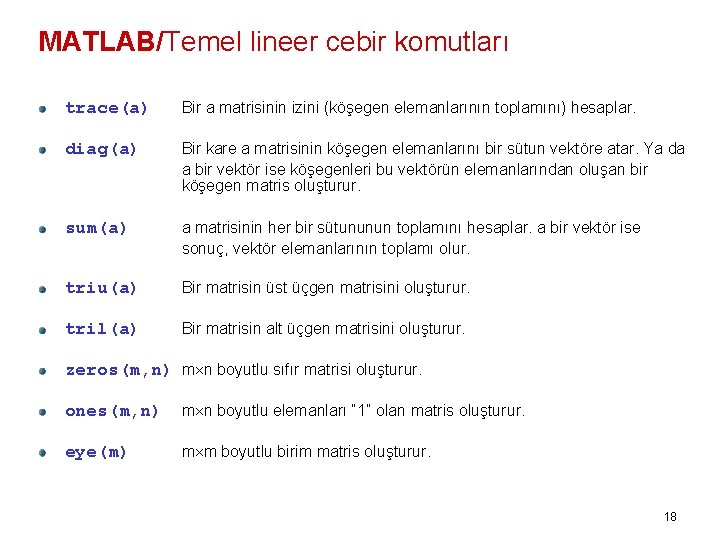 MATLAB/Temel lineer cebir komutları trace(a) Bir a matrisinin izini (köşegen elemanlarının toplamını) hesaplar. diag(a)