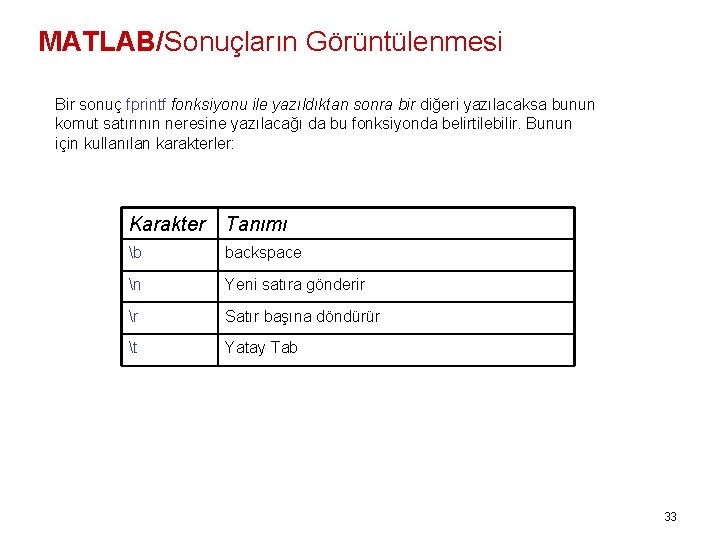 MATLAB/Sonuçların Görüntülenmesi Bir sonuç fprintf fonksiyonu ile yazıldıktan sonra bir diğeri yazılacaksa bunun komut
