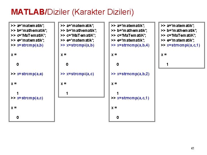 MATLAB/Diziler (Karakter Dizileri) >> a='matematik'; >> b='mathematik'; >> c='Ma. Temati. K'; >> e='matematik'; >>