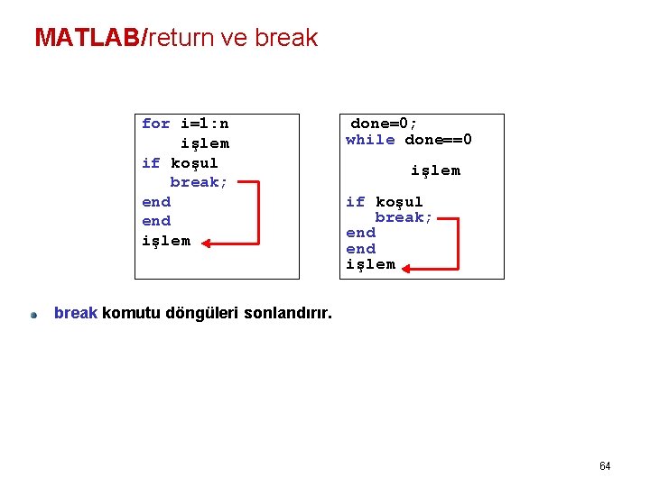 MATLAB/return ve break for i=1: n işlem if koşul break; end işlem done=0; while