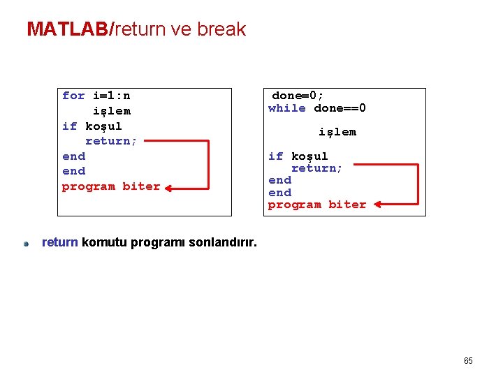 MATLAB/return ve break for i=1: n işlem if koşul return; end program biter done=0;