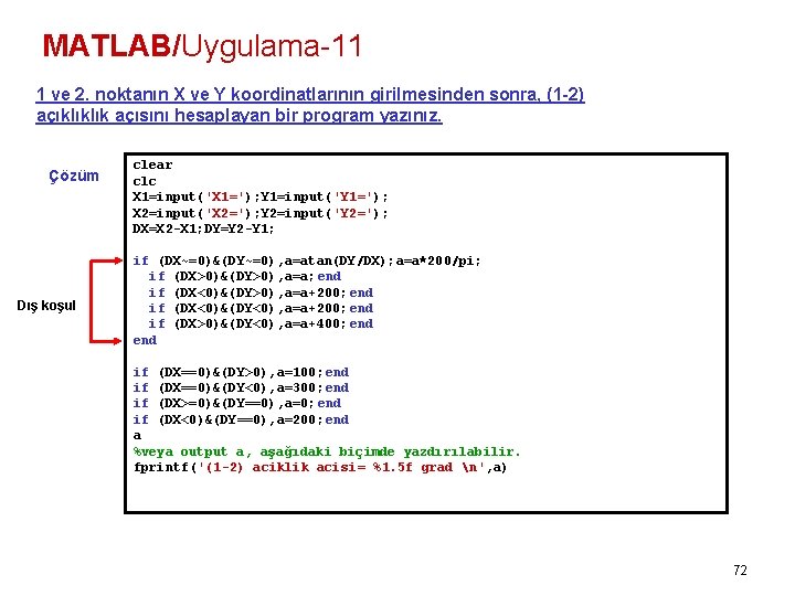 MATLAB/Uygulama-11 1 ve 2. noktanın X ve Y koordinatlarının girilmesinden sonra, (1 -2) açıklıklık