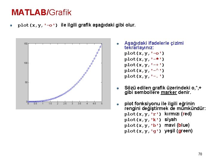 MATLAB/Grafik plot(x, y, '-o') ile ilgili grafik aşağıdaki gibi olur. Aşağıdaki ifadelerle çizimi tekrarlayınız: