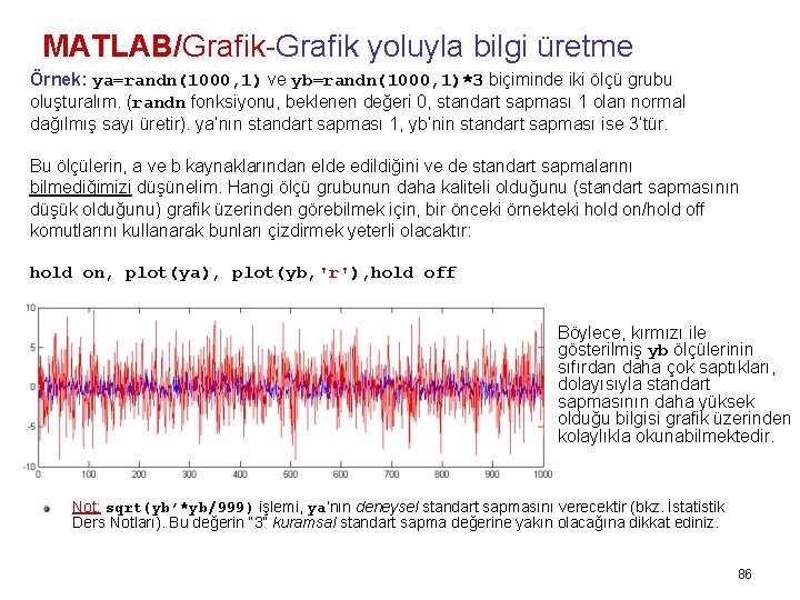 MATLAB/Grafik-Grafik yoluyla bilgi üretme Örnek: ya=randn(1000, 1) ve yb=randn(1000, 1)*3 biçiminde iki ölçü grubu