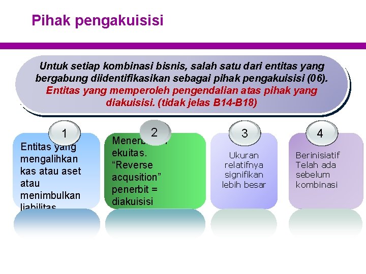 Pihak pengakuisisi Untuk setiap kombinasi bisnis, salah satu dari entitas yang bergabung diidentifikasikan sebagai