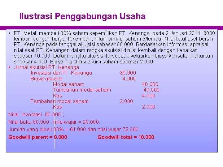 Ilustrasi Penggabungan Usaha • PT. Melati membeli 80% saham kepemilikan PT. Kenanga pada 2