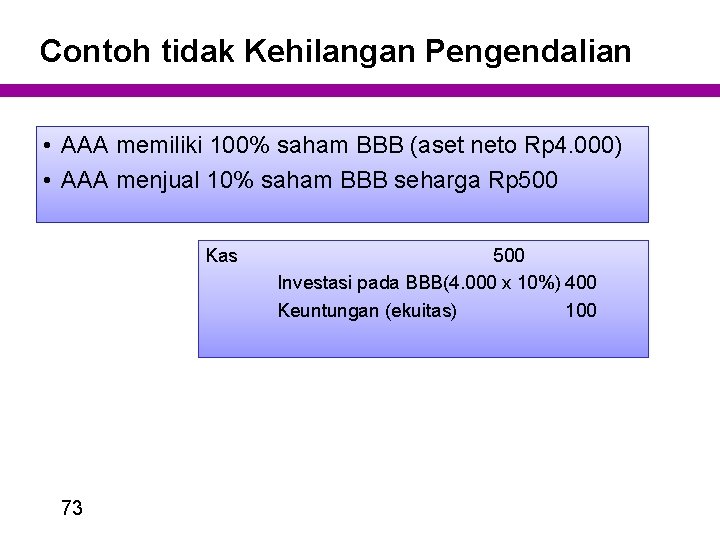 Contoh tidak Kehilangan Pengendalian • AAA memiliki 100% saham BBB (aset neto Rp 4.