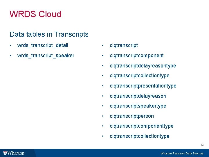 WRDS Cloud Data tables in Transcripts • wrds_transcript_detail • ciqtranscript • wrds_transcript_speaker • ciqtranscriptcomponent