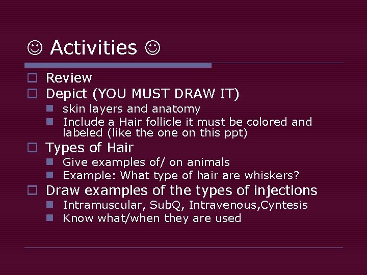  Activities o Review o Depict (YOU MUST DRAW IT) n skin layers and