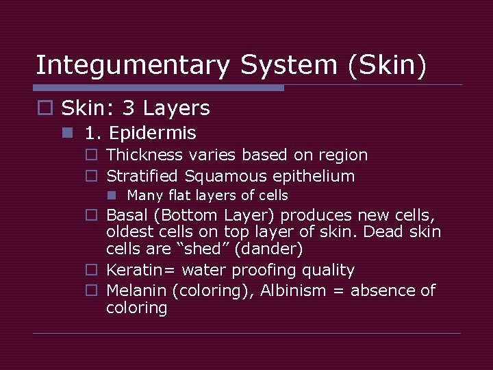 Integumentary System (Skin) o Skin: 3 Layers n 1. Epidermis o Thickness varies based