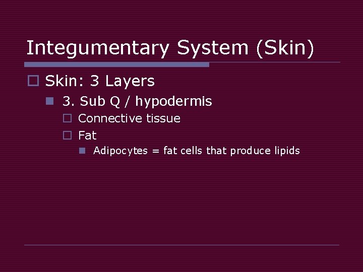 Integumentary System (Skin) o Skin: 3 Layers n 3. Sub Q / hypodermis o