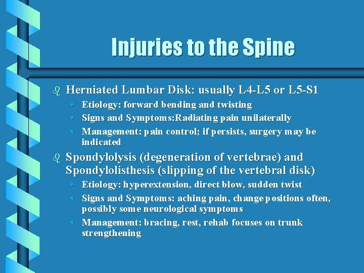 Injuries to the Spine b Herniated Lumbar Disk: usually L 4 -L 5 or