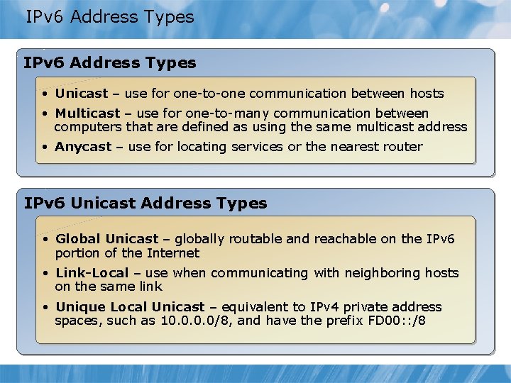 IPv 6 Address Types • Unicast – use for one-to-one communication between hosts •