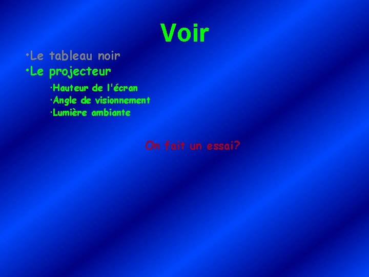 Voir • Le tableau noir • Le projecteur Hauteur de l'écran Angle de visionnement