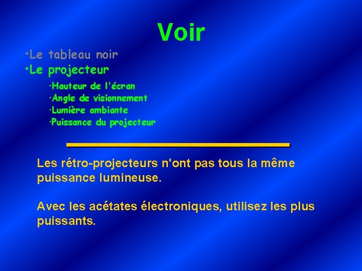  • Le tableau noir • Le projecteur Voir Hauteur de l'écran Angle de