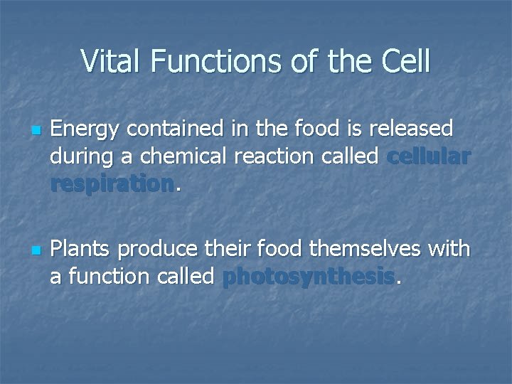 Vital Functions of the Cell n n Energy contained in the food is released