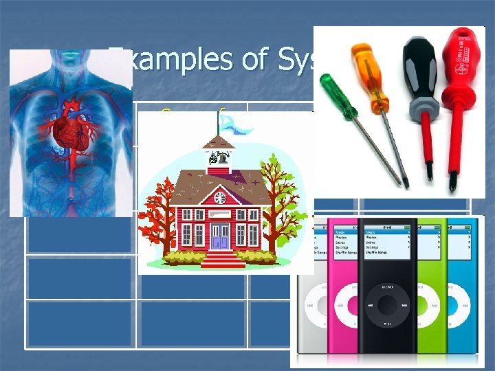 Examples of Systems System Group of parts Interaction Function i. Pod Body, electronics, battery,