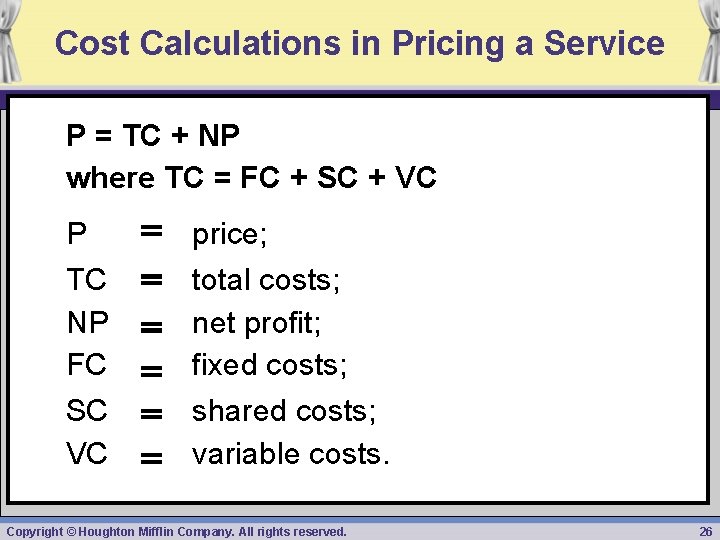 Cost Calculations in Pricing a Service P = TC + NP where TC =