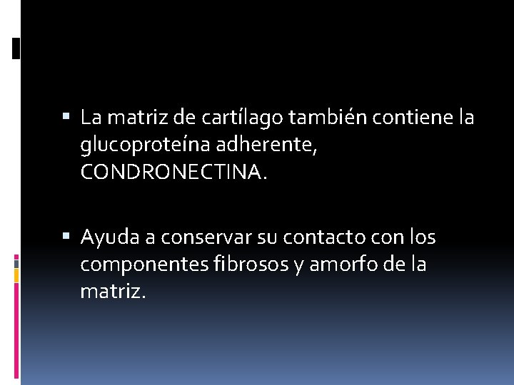  La matriz de cartílago también contiene la glucoproteína adherente, CONDRONECTINA. Ayuda a conservar