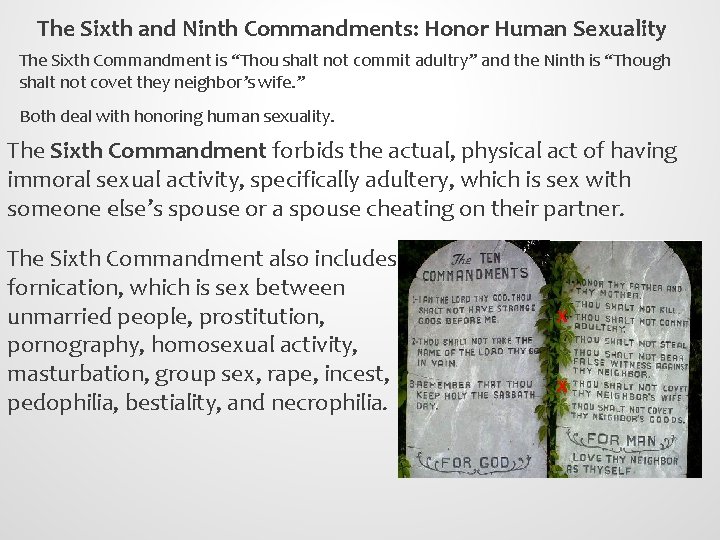 The Sixth and Ninth Commandments: Honor Human Sexuality The Sixth Commandment is “Thou shalt