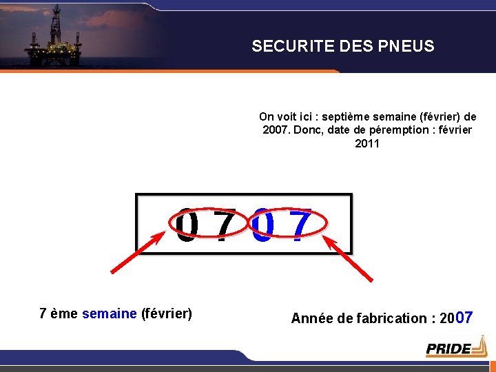 SECURITE DES PNEUS On voit ici : septième semaine (février) de 2007. Donc, date