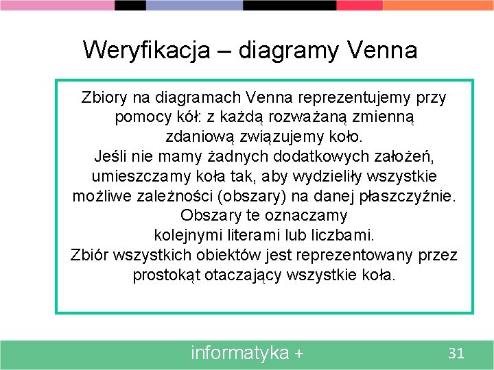 Weryfikacja – diagramy Venna Zbiory na diagramach Venna reprezentujemy przy pomocy kół: z każdą