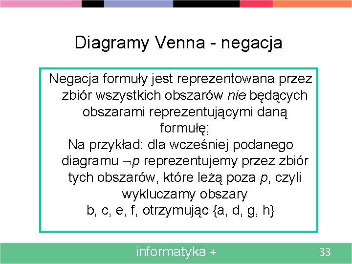 Diagramy Venna - negacja Negacja formuły jest reprezentowana przez zbiór wszystkich obszarów nie będących