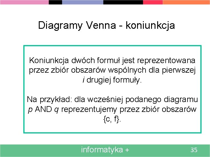 Diagramy Venna - koniunkcja Koniunkcja dwóch formuł jest reprezentowana przez zbiór obszarów wspólnych dla