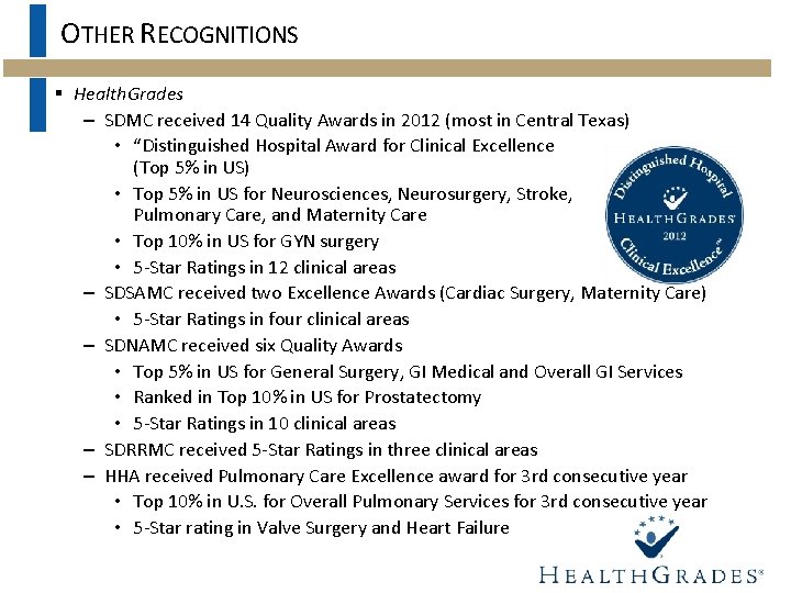 OTHER RECOGNITIONS § Health. Grades – SDMC received 14 Quality Awards in 2012 (most