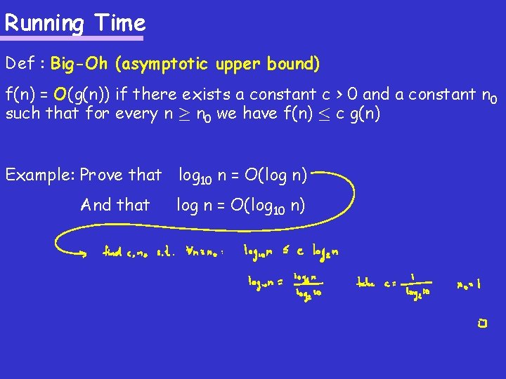 Running Time Def : Big-Oh (asymptotic upper bound) f(n) = O(g(n)) if there exists